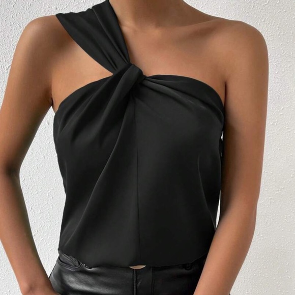 One Shoulder Solid Satin Blouse - Picture 5 of 9